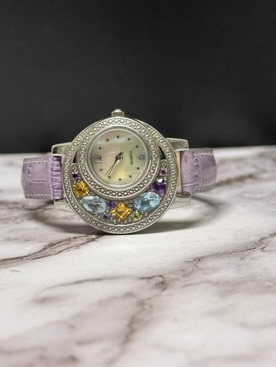Rhinestone Watch Women Silver Tone Mother of Pearl Dial Leather Band New Battery main image 10